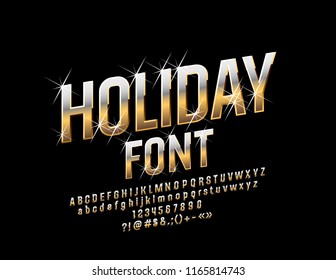 Vector Golden Holiday Font with Stars. Luxury Alphabet Letters, Numbers and Symbols