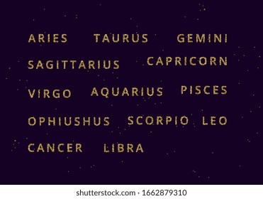 Vector golden Horoscope symbol set. All 13 Horoscope Zodiac sign names collection in shiny golden glitter style with names shining stars. Astrology, astronomy golden vector illustration