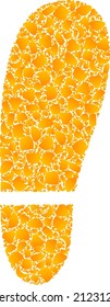 Vector golden human foot print mosaic icon. Human foot print is isolated on a white background. Golden items pattern based on human foot print icon.