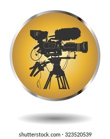 Vector golden icon with detailed professional television video camera isolated on white with shadow. Vector illustration
