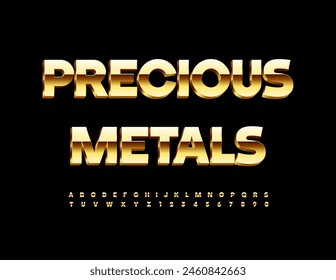 Vector golden icon Precious Metals. Trendy Shiny 3D Font. Unique cool Alphabet Letters and Numbers set.