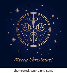 Vector Golden illustration of Christmas Mistletoe Icon and Emblem concept. Flat vector Sign, Outline illustration Isolated on Gradient Background from Magic navy blue to black and Gold Snowflakes