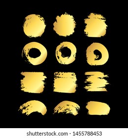 Vector golden ink and paint  textures set of strokes,spots,circle frames,drops,stains and dashes.Grungy hand drawn elements for your design isolated on black background