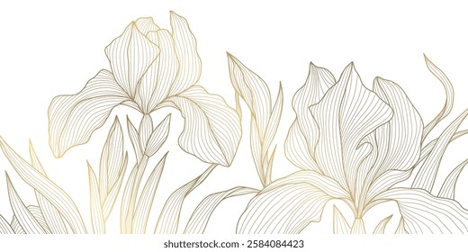 Vector golden iris flowers pattern, vintage floral border, blossom background. Luxury line botanical, nature ornament