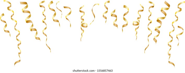 Vector golden isolated confetti on white backdrop. Falling confetti and ribbons background.Celebration card with space for text.