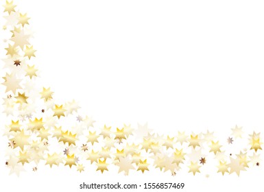 Vector golden isolated confetti on white backdrop. Stars, tinsels and confetti background. Minimalistic geometrical dots.  Glitter on celebration card with space for text.
