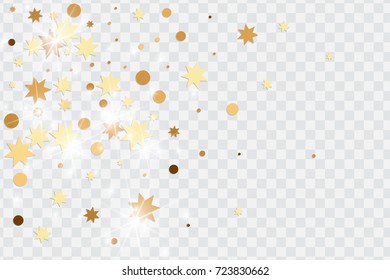 Vector golden isolated confetti on transparent backdrop. Falling stars, tinsels and confetti background. Minimalistic geometrical dots and ribbons. Flat glitter. Celebration card pattern.