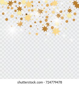 Vector golden isolated confetti on transparent backdrop. Falling stars, tinsels and confetti background. Minimalistic geometrical dots and ribbons. Flat glitter. Celebration card pattern.