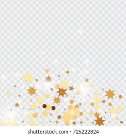 Vector golden isolated confetti on transparent backdrop. Falling stars, tinsels and confetti background. Minimalistic geometrical dots and ribbons. Flat glitter. Celebration card pattern.