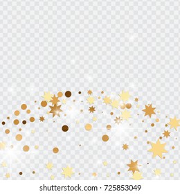 Vector golden isolated confetti on transparent backdrop. Falling stars, tinsels and confetti background. Minimalistic geometrical dots and ribbons. Flat glitter. Celebration card pattern.