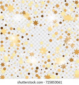 Vector golden isolated confetti on transparent backdrop. Falling stars, tinsels and confetti background. Minimalistic geometrical dots and ribbons. Flat glitter. Celebration card pattern.