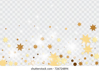 Vector golden isolated confetti on transparent backdrop. Falling stars, tinsels and confetti background. Minimalistic geometrical dots and ribbons. Flat glitter. Celebration card pattern.