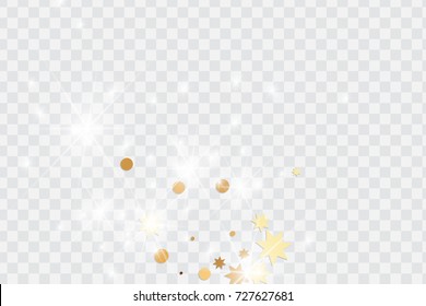 Vector golden isolated confetti on transparent backdrop. Falling stars, tinsels and confetti background. Minimalistic geometrical dots and ribbons. Flat glitter. Celebration card pattern.