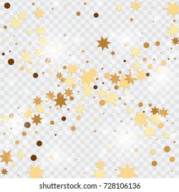 Vector golden isolated confetti on transparent backdrop. Falling stars, tinsels and confetti background. Minimalistic geometrical dots and ribbons. Flat glitter. Celebration card pattern.