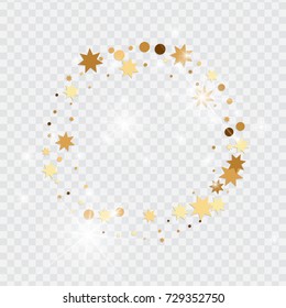 Vector golden isolated confetti on transparent backdrop. Falling stars, tinsels and confetti background. Minimalistic geometrical dots and ribbons. Flat glitter. Celebration card pattern.
