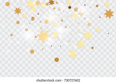 Vector golden isolated confetti on transparent backdrop. Falling stars, tinsels and confetti background. Minimalistic geometrical dots and ribbons. Flat glitter. Celebration card pattern.