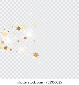 Vector golden isolated confetti on transparent backdrop. Falling stars, tinsels and confetti background. Minimalistic geometrical dots and ribbons. Flat glitter. Celebration card pattern.