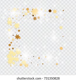 Vector golden isolated confetti on transparent backdrop. Falling stars, tinsels and confetti background. Minimalistic geometrical dots and ribbons. Flat glitter. Celebration card pattern.