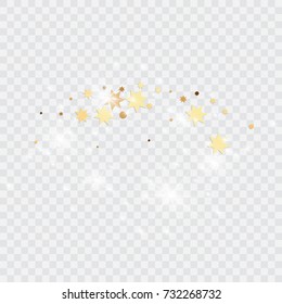 Vector golden isolated confetti on transparent backdrop. Falling stars, tinsels and confetti background. Minimalistic geometrical dots and ribbons. Flat glitter. Celebration card pattern.