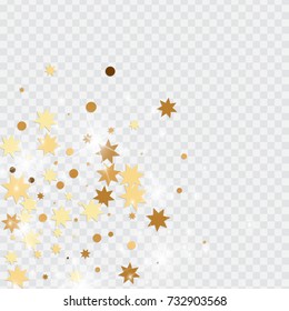 Vector golden isolated confetti on transparent backdrop. Falling stars, tinsels and confetti background. Minimalistic geometrical dots and ribbons. Flat glitter. Celebration card pattern.