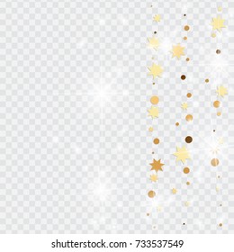 Vector golden isolated confetti on transparent backdrop. Falling stars, tinsels and confetti background. Minimalistic geometrical dots and ribbons. Flat glitter. Celebration card pattern.