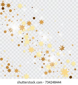 Vector golden isolated confetti on transparent backdrop. Falling stars, tinsels and confetti background. Minimalistic geometrical dots and ribbons. Flat glitter. Celebration card pattern.