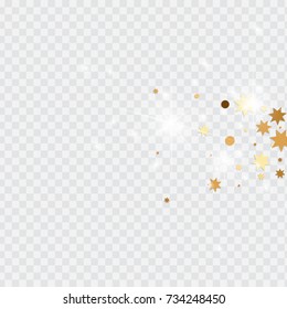Vector golden isolated confetti on transparent backdrop. Falling stars, tinsels and confetti background. Minimalistic geometrical dots and ribbons. Flat glitter. Celebration card pattern.