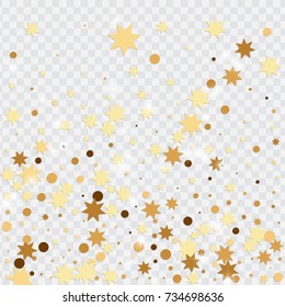 Vector golden isolated confetti on transparent backdrop. Falling stars, tinsels and confetti background. Minimalistic geometrical dots and ribbons. Flat glitter. Celebration card pattern.
