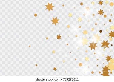 Vector golden isolated confetti on transparent backdrop. Falling stars, tinsels and confetti background. Minimalistic geometrical dots and ribbons. Flat glitter. Celebration card pattern.