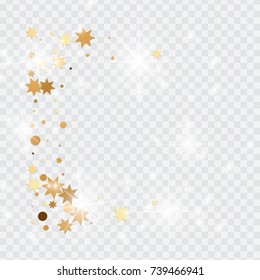 Vector golden isolated confetti on transparent backdrop. Falling stars, tinsels and confetti background. Minimalistic geometrical dots and ribbons. Flat glitter. Celebration card pattern.