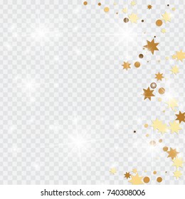 Vector golden isolated confetti on transparent backdrop. Falling stars, tinsels and confetti background. Minimalistic geometrical dots and ribbons. Flat glitter. Celebration card pattern.