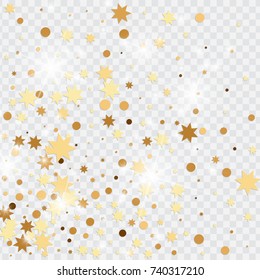 Vector golden isolated confetti on transparent backdrop. Falling stars, tinsels and confetti background. Minimalistic geometrical dots and ribbons. Flat glitter. Celebration card pattern.