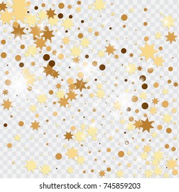 Vector golden isolated confetti on transparent backdrop. Falling stars, tinsels and confetti background. Minimalistic geometrical dots and ribbons. Flat glitter. Celebration card pattern.