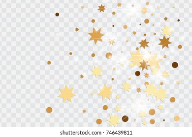 Vector golden isolated confetti on transparent backdrop. Falling stars, tinsels and confetti background. Minimalistic geometrical dots and ribbons. Flat glitter. Celebration card pattern.