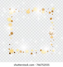 Vector golden isolated confetti on transparent backdrop. Falling stars, tinsels and confetti background. Minimalistic geometrical dots and ribbons. Flat glitter. Celebration card pattern.
