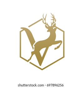 Vector Golden Jumping Deer Letter V Logo