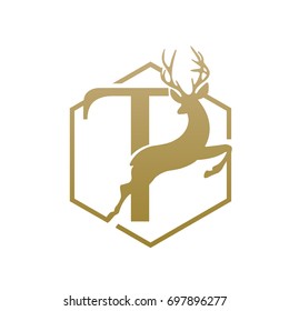 Vector Golden Jumping Deer Letter T Logo