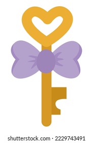 Vector golden key icon. Beautiful lock element tied with purple ribbon and bow isolated on white background. Wedding or marriage symbol illustration
