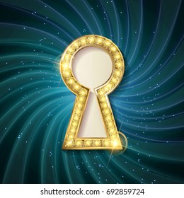 vector Golden keyhole. VIP Invitation card with sparkling background, gold key and keyhole. Vector illustration
