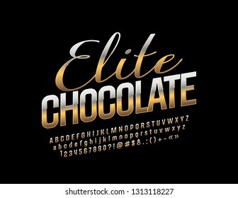 Vector Golden label Elite Chocolate with Shiny Font. Reflective chic Alphabet Letters, Numbers and Symbols