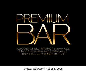 Vector Golden label Premium Bar con Delgado y elegante letra. Letras, números y símbolos de alfabeto de lujo