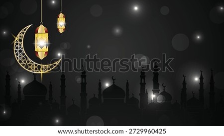 Vector golden lantern and glowing crescent moon on dark background. Mosque silhouette with flickering light. Suitable for Ramadan, Iftar and Eid banners