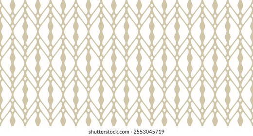 Vector golden lattice ornament. Elegant abstract geometric seamless pattern with curved lines, grid, net, mesh, leaf silhouettes. Luxury gold and white background. Simple texture. Repeated geo design