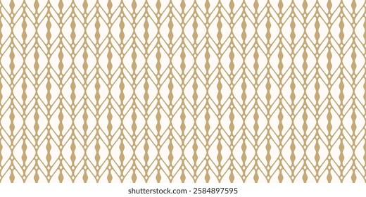 Vector golden lattice ornament. Elegant abstract geometric seamless pattern with curved lines, grid, net, mesh, leaf silhouettes. Gold and white luxury background. Simple texture. Repeating design