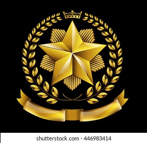 Vector golden laurel wreath honor star award isolated on black background. Medal with crown, star and ribbon. Victory achievement, quality product