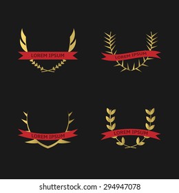 Vector golden laurel wreath with red ribbon icon set. Victory, champions, winner concept.