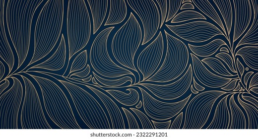 Vector golden leaves art deco wallpaper background, hand drawn pattern. Line design for interior design, textile, texture, poster, package, wrappers, gifts. Luxury. Japanese style