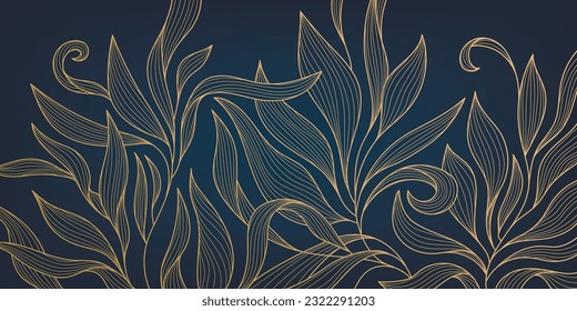 Vector golden leaves art deco wallpaper background, hand drawn pattern. Line design for interior design, textile, texture, poster, package, wrappers, gifts. Luxury. Japanese style