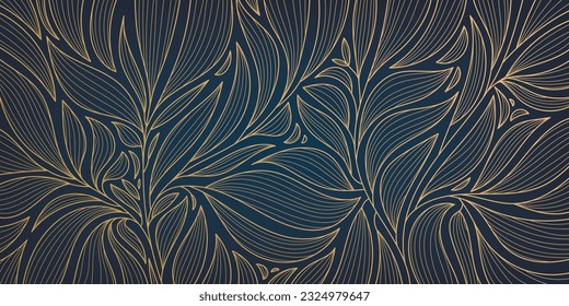 Vector golden leaves art deco wallpaper background, hand drawn pattern. Line design for interior design, textile, texture, poster, package, wrappers, gifts. Luxury. Japanese style