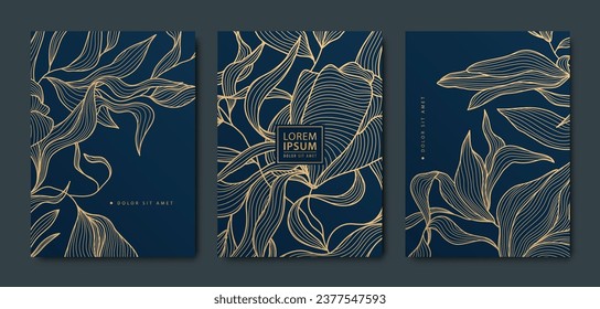 Vector golden leaves art deco patterns. Line leaf texture covers. Luxury black line flyers, brochures, packaging design, social media post, banners